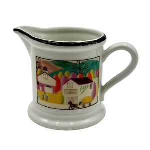 White‎ Ceramic Creamer Pitcher Farmhouse Scene Black Rim Japan